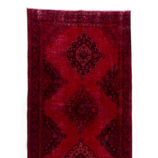 Red Overdyed Runner Rug, 1960s Hand-Knotted Central Anatolian Carpet. 4.8 x 12.9 Ft (144 x 392 cm)