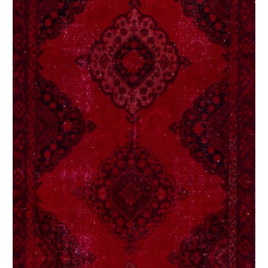 Red Overdyed Runner Rug, 1960s Hand-Knotted Central Anatolian Carpet. 4.8 x 12.9 Ft (144 x 392 cm)