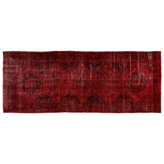 Distressed Red Overdyed Runner Rug, 1960s Hand-Knotted Central Anatolian Carpet. 4.8 x 12.2 Ft (145 x 370 cm)