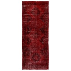 Distressed Red Overdyed Runner Rug, 1960s Hand-Knotted Central Anatolian Carpet. 4.8 x 12.2 Ft (145 x 370 cm)