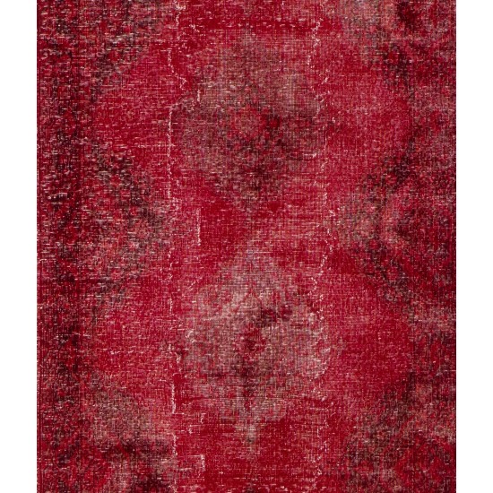 Distressed Red Overdyed Runner Rug, 1960s Hand-Knotted Central Anatolian Carpet. 4.8 x 13 Ft (145 x 395 cm)