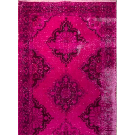 Fuchsia Pink Overdyed Runner Rug, Vintage Handmade Corridor Carpet from Sille, Turkey. 4.9 x 13.3 Ft (147 x 404 cm)