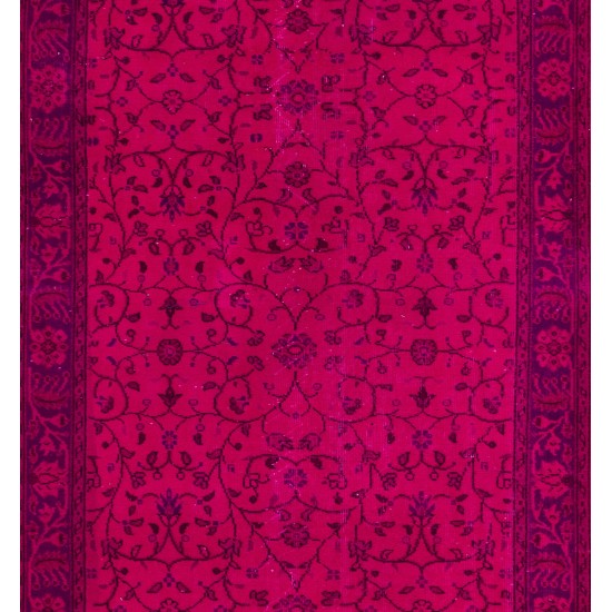 Fuchsia Pink Overdyed Turkish Runner Rug, Floral Pattern Vintage Handmade Corridor Carpet. 5 x 13 Ft (150 x 396 cm)
