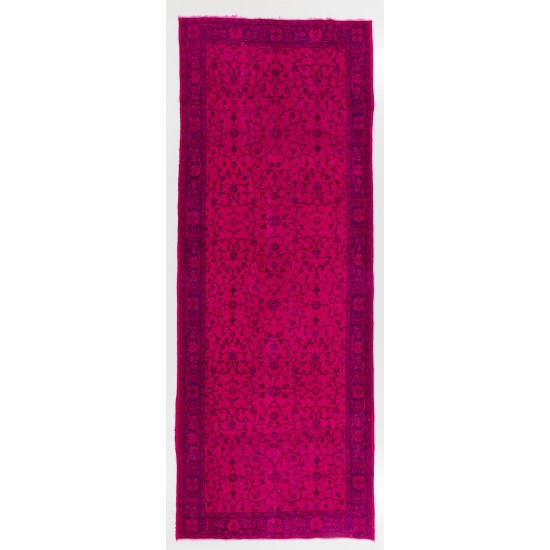 Fuchsia Pink Overdyed Turkish Runner Rug, Floral Pattern Vintage Handmade Corridor Carpet. 5 x 13 Ft (150 x 396 cm)