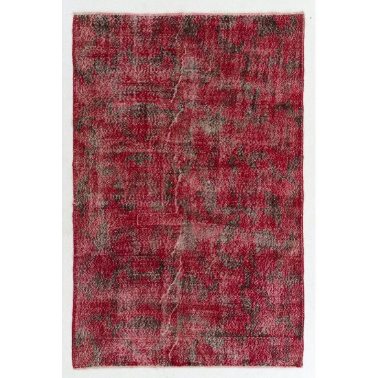 Distressed Red Overdyed Rug, 1960s Hand-Knotted Central Anatolian Carpet. 5.4 x 8 Ft (162 x 245 cm)