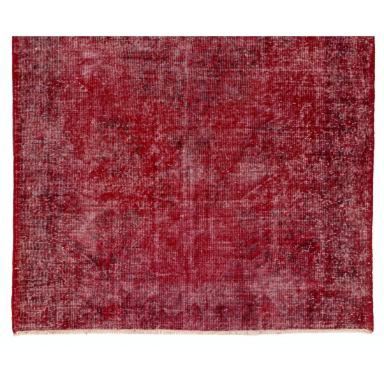 Distressed Red Overdyed Rug, 1960s Hand-Knotted Central Anatolian Carpet. 5.5 x 9 Ft (165 x 274 cm)