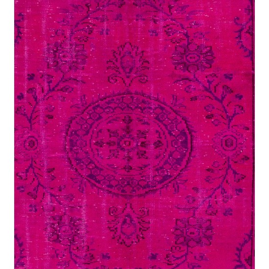 Fuchsia Pink Overdyed Turkish Rug, Vintage Floral Design Handmade Carpet. 6 x 9.2 Ft (180 x 280 cm)