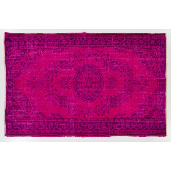 Fuchsia Pink Overdyed Turkish Rug, Vintage Floral Design Handmade Carpet. 6 x 9.2 Ft (180 x 280 cm)