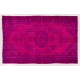 Fuchsia Pink Overdyed Turkish Rug, Vintage Floral Design Handmade Carpet. 6 x 9.2 Ft (180 x 280 cm)