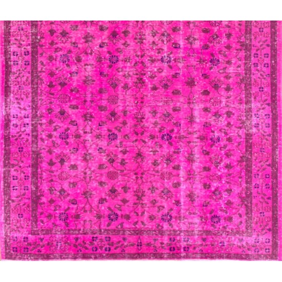 Fuchsia Pink Overdyed Rug with Floral Design, Vintage Handmade Carpet from Turkey. 6 x 9.5 Ft (184 x 287 cm)
