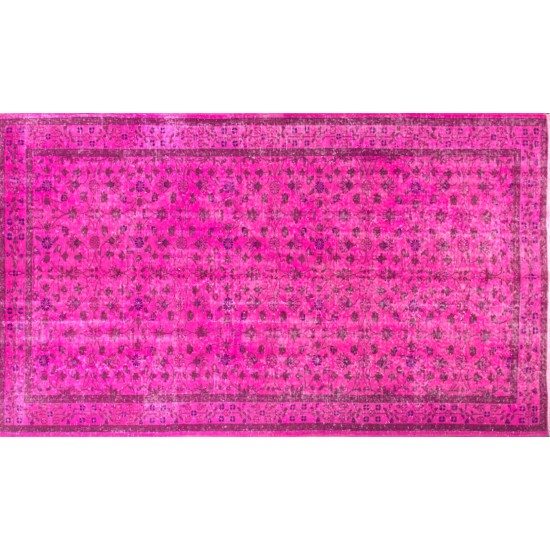Fuchsia Pink Overdyed Rug with Floral Design, Vintage Handmade Carpet from Turkey. 6 x 9.5 Ft (184 x 287 cm)