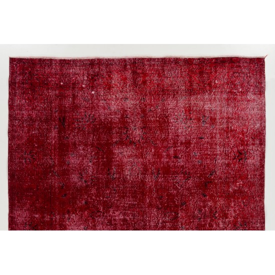 Distressed Red Overdyed Rug, 1960s Hand-Knotted Central Anatolian Carpet. 7.4 x 10 Ft (225 x 303 cm)