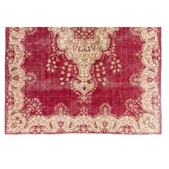 Authentic Vintage Turkish Area Rug. Fine Hand-Knotted Wool Carpet in Cherry Red. 8.9 x 12.3 Ft (270 x 373 cm)