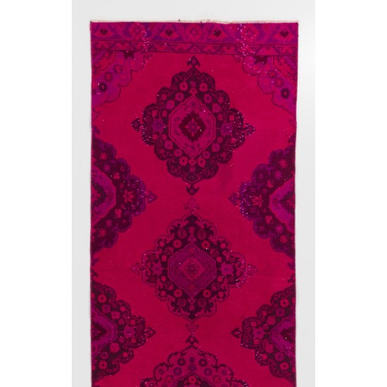 Pink Overdyed Runner Rug, Mid-Century Handmade Corridor Carpet from Turkey. 3.3 x 11.4 Ft (98 x 346 cm)