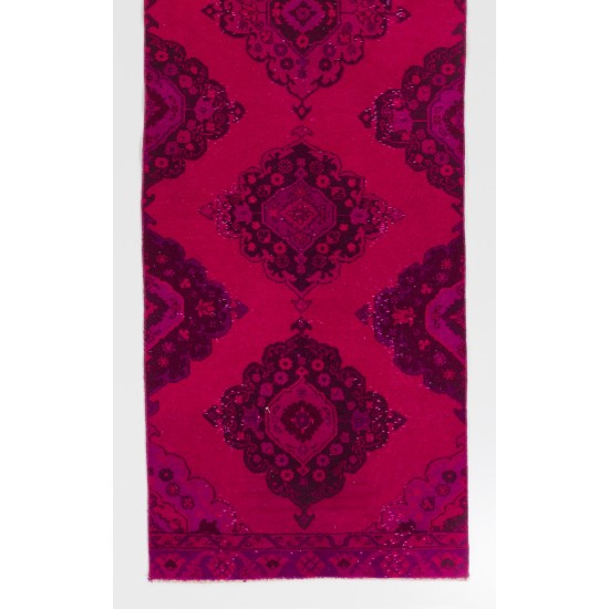 Pink Overdyed Runner Rug, Mid-Century Handmade Corridor Carpet from Turkey. 3.3 x 11.4 Ft (98 x 346 cm)
