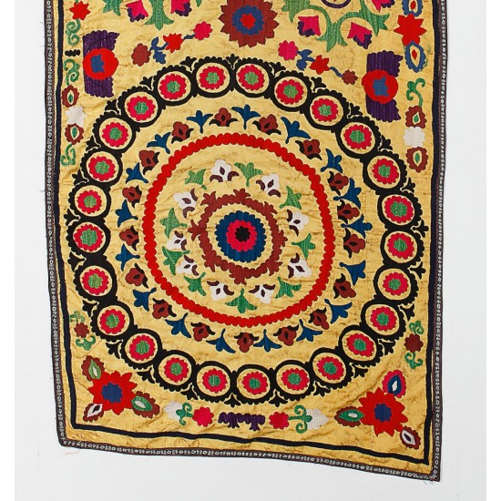 Vintage Central Asian / Uzbek Suzani Wall Hanging, Silk Hand Embroidered Bed Cover. 3.8 x 8.9 Ft (113 x 270 cm)