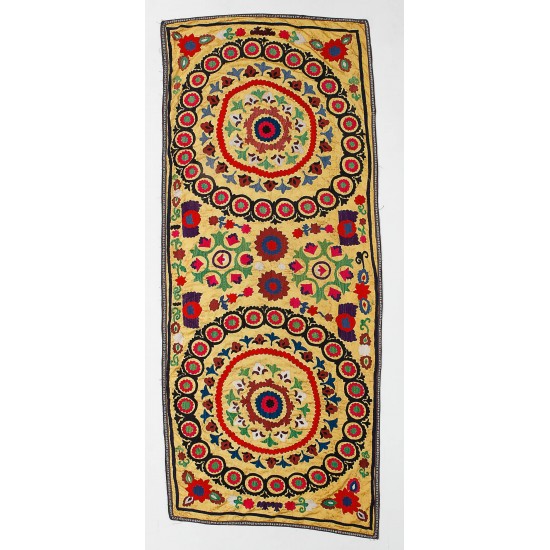 Vintage Central Asian / Uzbek Suzani Wall Hanging, Silk Hand Embroidered Bed Cover. 3.8 x 8.9 Ft (113 x 270 cm)