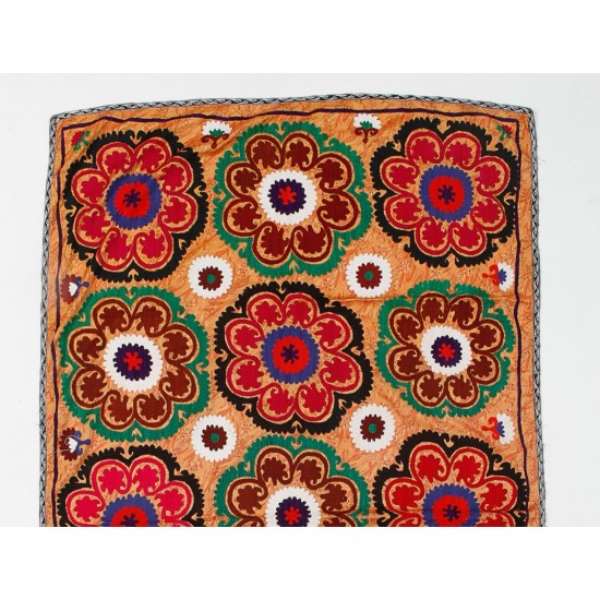 Vintage Central Asian / Uzbek Suzani Wall Hanging, Silk Hand Embroidered Bed Cover. 4 x 6.8 Ft (120 x 205 cm)
