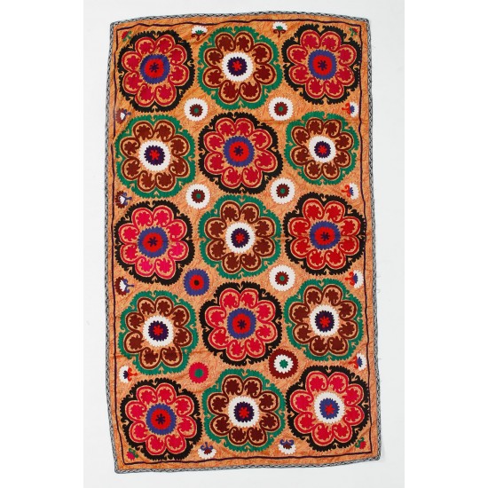 Vintage Central Asian / Uzbek Suzani Wall Hanging, Silk Hand Embroidered Bed Cover. 4 x 6.8 Ft (120 x 205 cm)