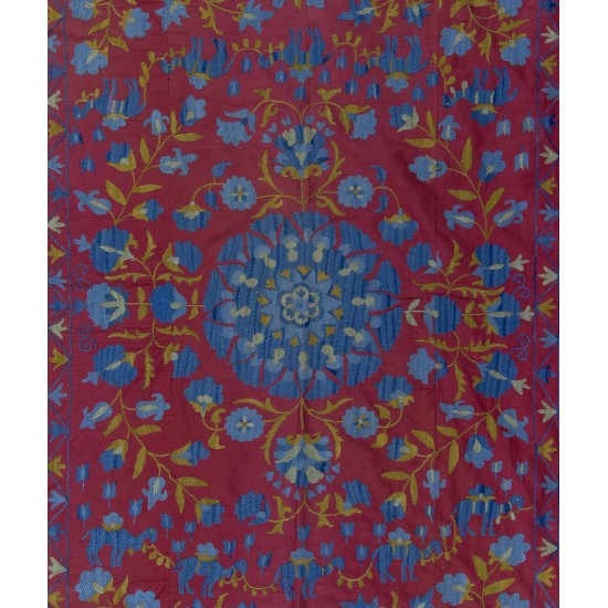 Silk Hand Embroidered Bed Cover, Vintage Suzani Wall Hanging from Uzbekistan. 4.7 x 6.8 Ft (142 x 205 cm)