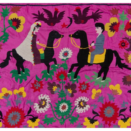 Silk Hand Embroidered Bed Cover, Vintage Suzani Wall Hanging from Uzbekistan. 4.7 x 8.9 Ft (143 x 270 cm)
