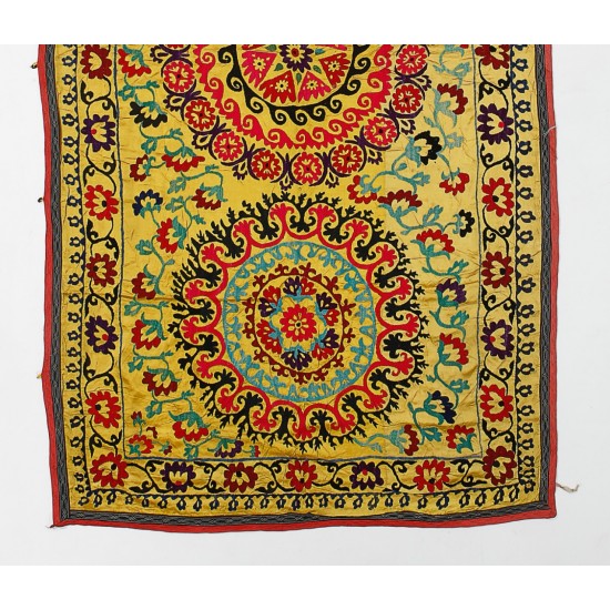 Silk Hand Embroidered Bed Cover, Vintage Suzani Wall Hanging from Uzbekistan. 4.9 x 9.4 Ft (147 x 285 cm)
