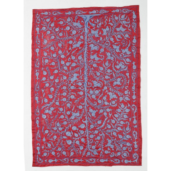 Silk Hand Embroidered Bed Cover, Vintage Suzani Wall Hanging from Uzbekistan. 5 x 7.3 Ft (150 x 220 cm)