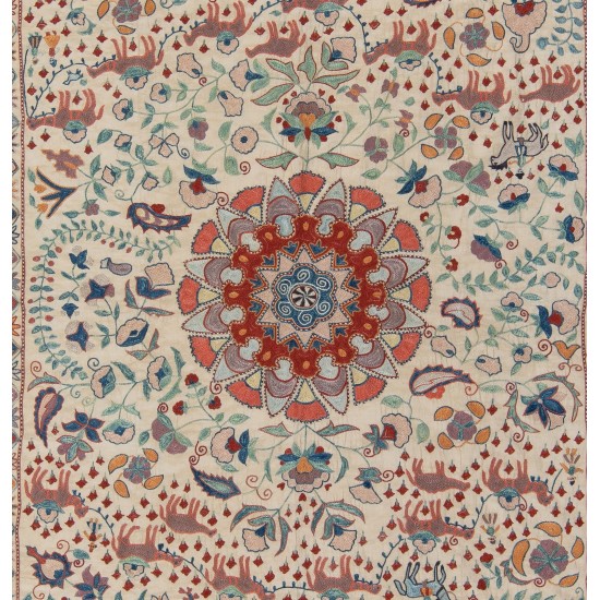 Silk Hand Embroidered Bed Cover, Vintage Suzani Wall Hanging from Uzbekistan. 5 x 5.8 Ft (152 x 175 cm)