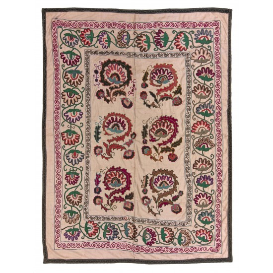 Silk Hand Embroidered Bed Cover, Vintage Suzani Wall Hanging from Uzbekistan. 5.3 x 7 Ft (160 x 212 cm)
