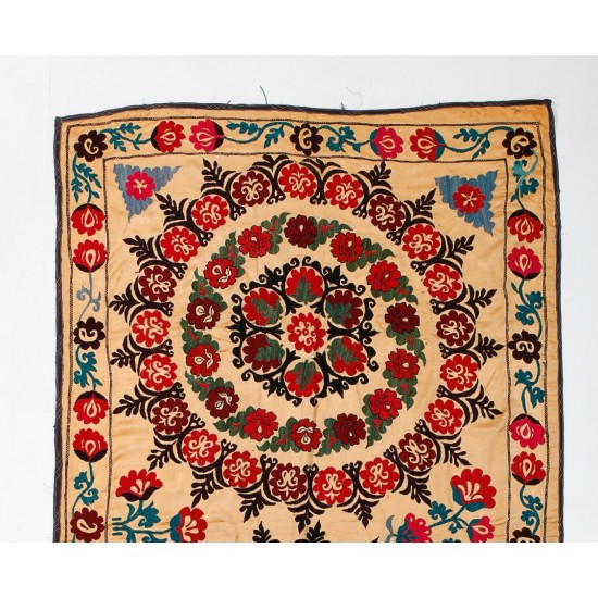 Silk Hand Embroidered Bed Cover, Vintage Suzani Wall Hanging from Uzbekistan. 5.4 x 8.6 Ft (162 x 262 cm)