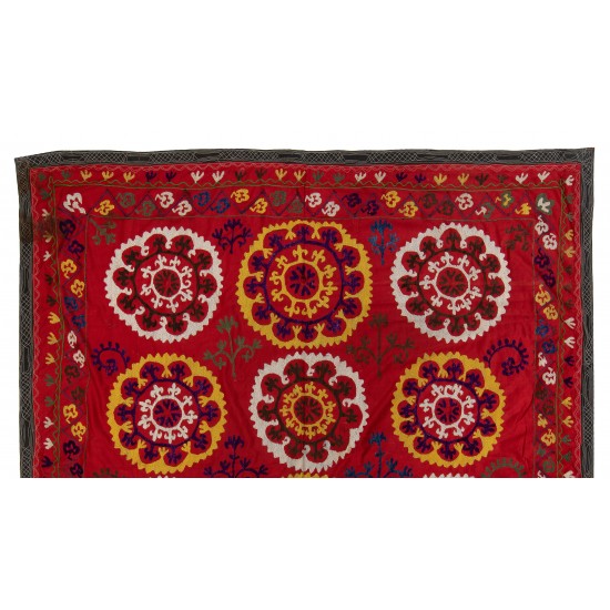 Silk Hand Embroidered Bed Cover, Vintage Suzani Wall Hanging from Uzbekistan. 5.8 x 6.4 Ft (175 x 195 cm)