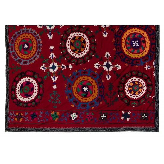 Silk Hand Embroidered Bed Cover, Vintage Suzani Wall Hanging from Uzbekistan. 6.4 x 8.4 Ft (195 x 255 cm)