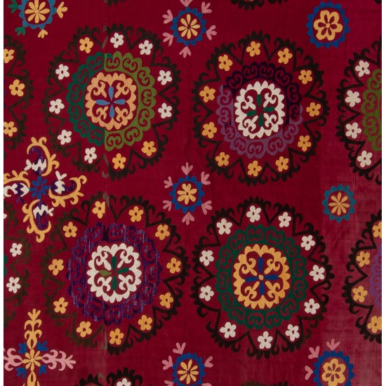 Silk Hand Embroidered Bed Cover, Vintage Suzani Wall Hanging from Uzbekistan. 6.8 x 7.8 Ft (206 x 237 cm)