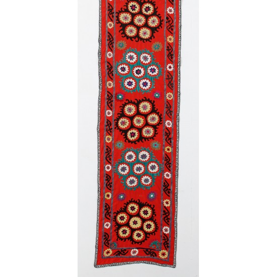 Authentic Vintage Uzbek Suzani Bed Cover, Silk Hand Embroidered Table Runner. 1.9 x 12.4 Ft (57 x 375 cm)