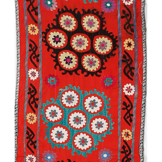 Authentic Vintage Uzbek Suzani Bed Cover, Silk Hand Embroidered Table Runner. 1.9 x 12.4 Ft (57 x 375 cm)