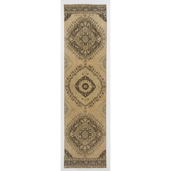 Hand-Knotted Vintage Turkish Runner Rug, Authentic Wool Corridor Carpet. 3.3 x 12.7 Ft (100 x 387 cm)