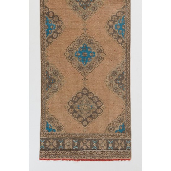Hand-Knotted Vintage Turkish Runner Rug, Authentic Wool Corridor Carpet. 3.4 x 11.4 Ft (102 x 345 cm)