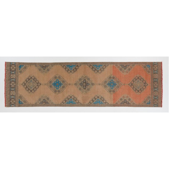 Hand-Knotted Vintage Turkish Runner Rug, Authentic Wool Corridor Carpet. 3.4 x 11.4 Ft (102 x 345 cm)
