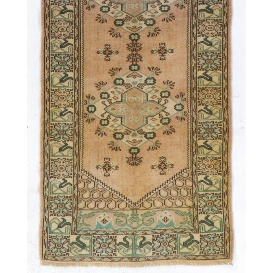 Hand-Knotted Vintage Turkish Runner Rug, Authentic Wool Hallway Runner. 3.4 x 9 Ft (103 x 275 cm)