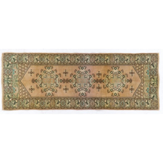 Hand-Knotted Vintage Turkish Runner Rug, Authentic Wool Hallway Runner. 3.4 x 9 Ft (103 x 275 cm)