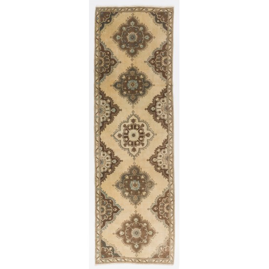 Hand-Knotted Vintage Turkish Runner Rug, Authentic Wool Hallway Runner. 3.6 x 11.7 Ft (108 x 354 cm)
