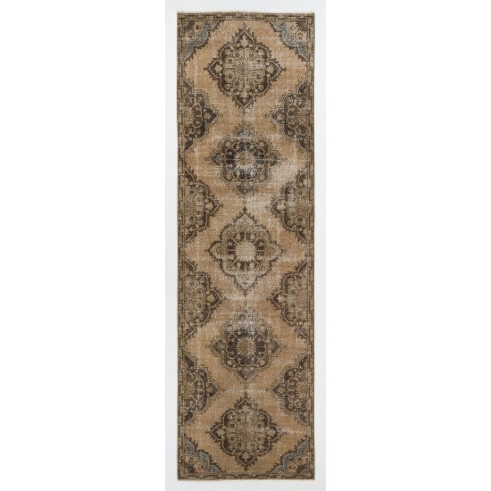 Hand-Knotted Vintage Turkish Runner Rug, Authentic Wool Hallway Runner. 3.6 x 12 Ft (108 x 365 cm)