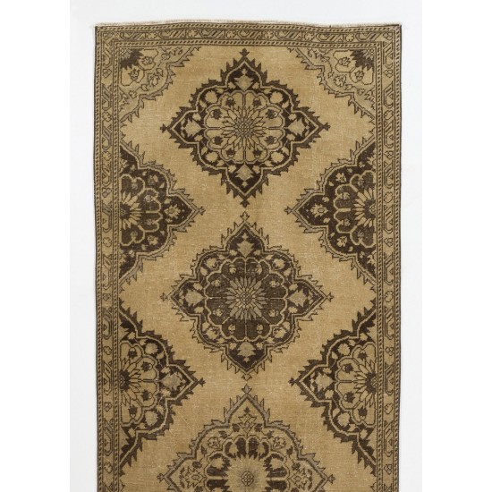 Hand-Knotted Vintage Turkish Runner Rug, Authentic Wool Hallway Runner. 3.7 x 11.4 Ft (110 x 345 cm)
