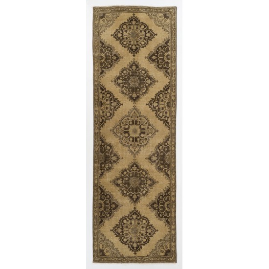 Hand-Knotted Vintage Turkish Runner Rug, Authentic Wool Hallway Runner. 3.7 x 11.4 Ft (110 x 345 cm)