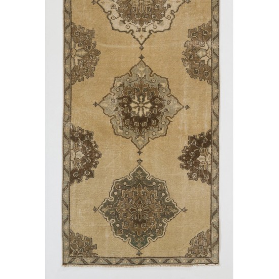 Hand-Knotted Vintage Turkish Runner Rug, Authentic Wool Hallway Runner. 3.7 x 11.5 Ft (111 x 350 cm)