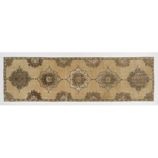Hand-Knotted Vintage Turkish Runner Rug, Authentic Wool Hallway Runner. 3.7 x 11.5 Ft (111 x 350 cm)