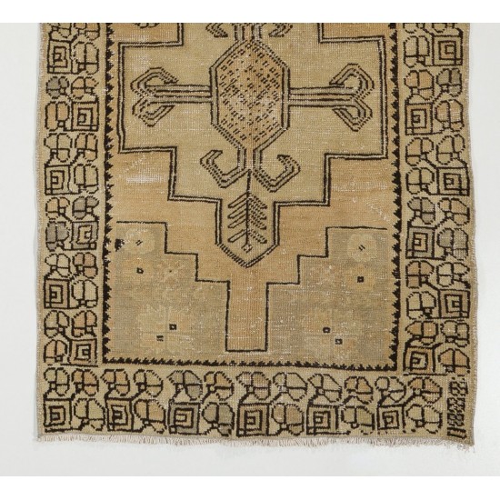 Authentic Vintage Handmade Turkish Oushak Accent Rug with Two Geometric Medallions, circa 1960. 3.8 x 6.6 Ft (113 x 200 cm)