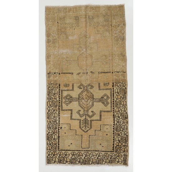 Authentic Vintage Handmade Turkish Oushak Accent Rug with Two Geometric Medallions, circa 1960. 3.8 x 6.6 Ft (113 x 200 cm)
