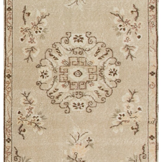 Antique Washed Turkish Accent Rug, Vintage Handmade Art Deco Chinese Design Carpet. 3.8 x 6.8 Ft (113 x 206 cm)
