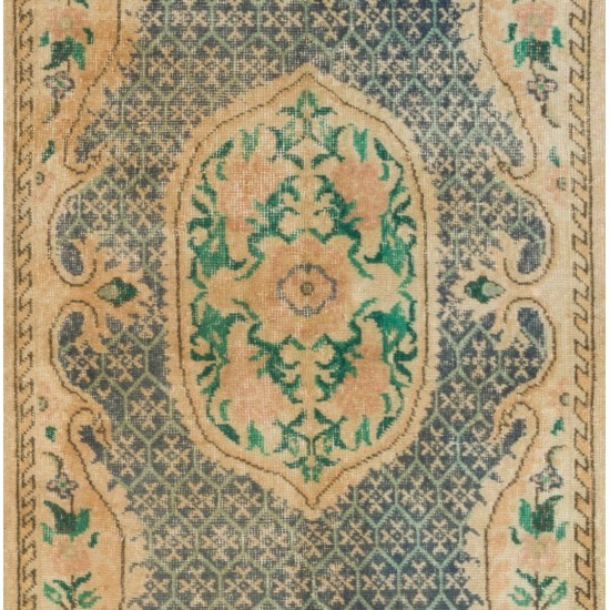 Hand-Knotted Vintage Turkish Oushak Rug Made of Wool. 3.8 x 6.7 Ft (114 x 203 cm)